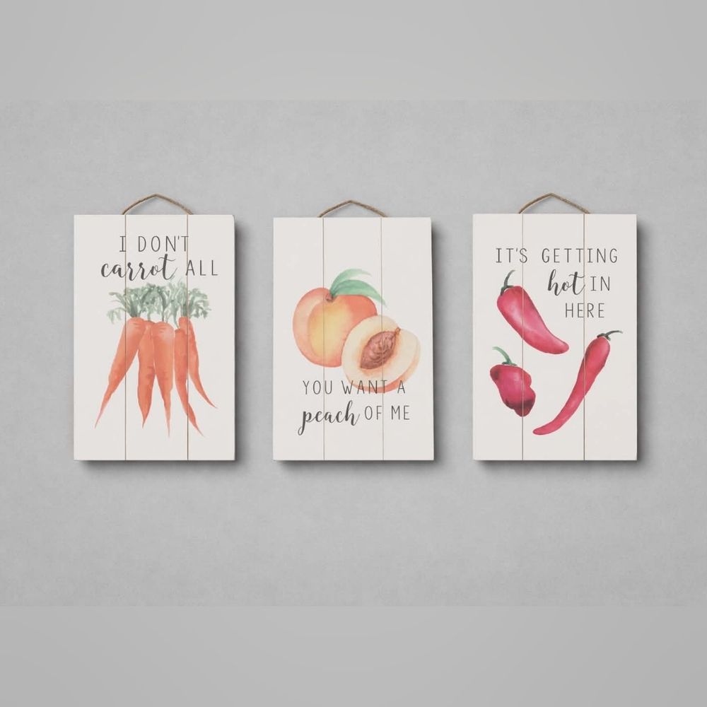 Set of Three Kitchen Wooden Wall Art Prints